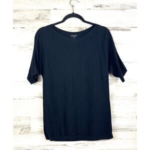 Talbots Petite Women M Black Ribbed Knit Short Sleeve Soft Casual Sweater Top